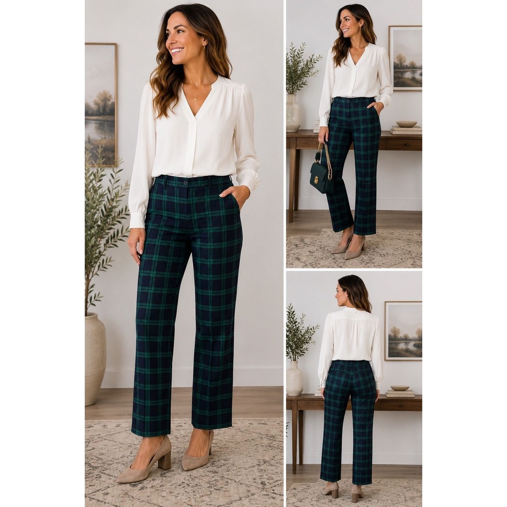 Talbots NWT Green & Navy Plaid Straight Leg Pants Women's Size 10 Classic Preppy